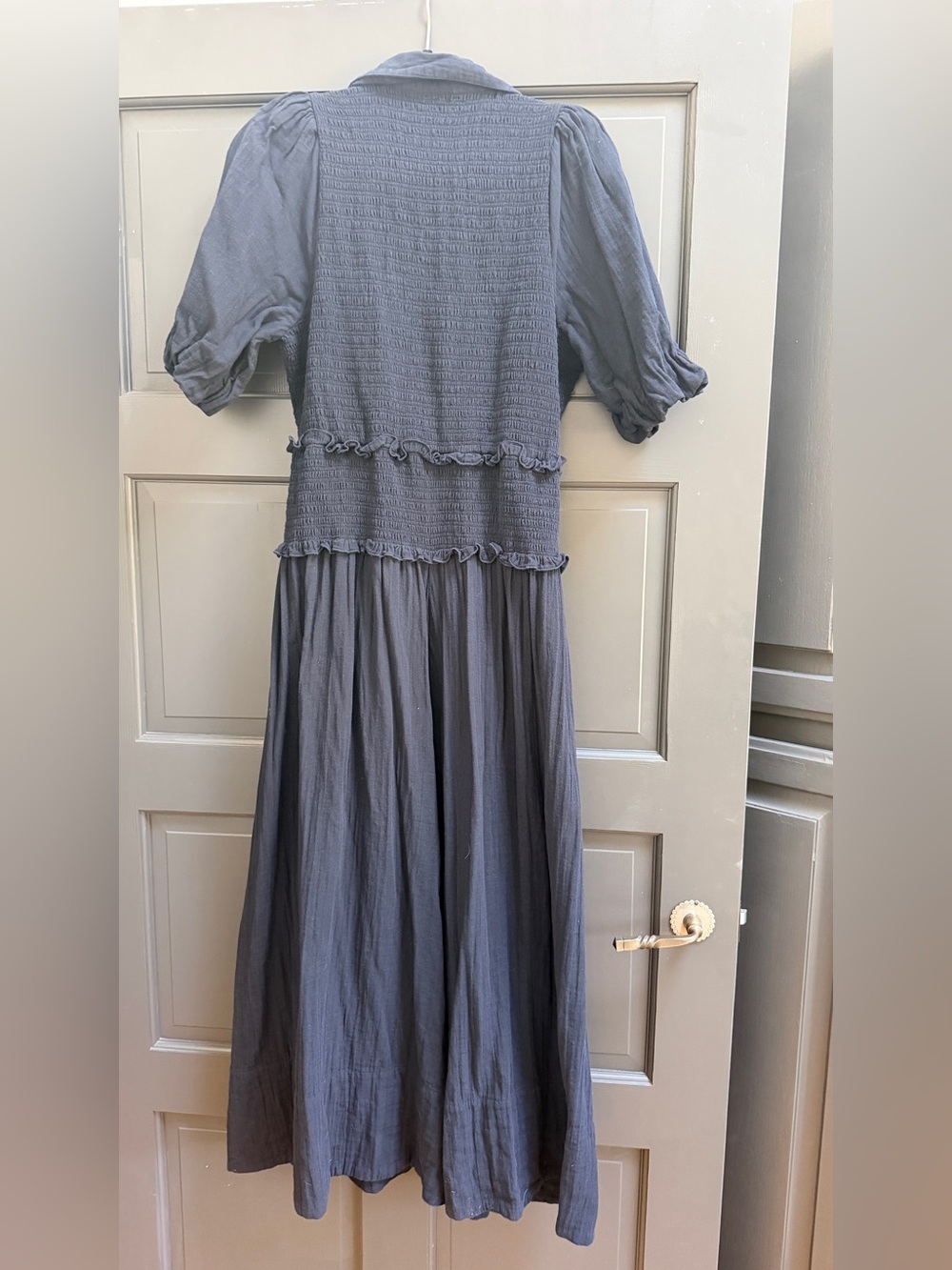 ME+EM Navy Smocked Cotton Puff Sleeve Ruffle Cheesecloth Shirred Maxi Dress 8 - Picture 6 of 6